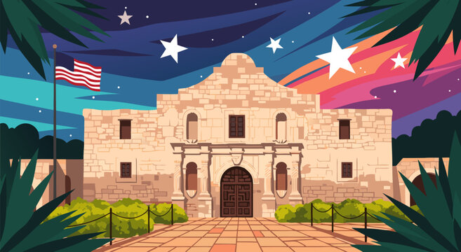 The Alamo Mission in San Antonio, Texas A Vibrant Vector Illustration Celebrating History Under a Starry Sky