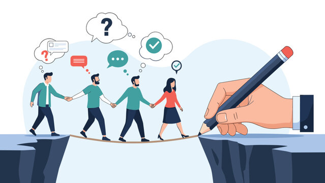 Large hand drawing a pencil line bridge to help a group of diverse professionals cross a dangerous gap and reach safety together.