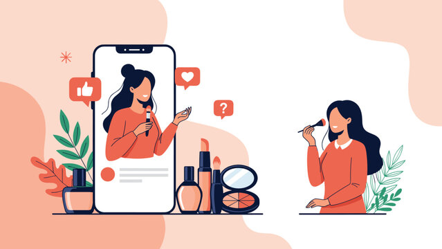 Young woman applying makeup while watching an online beauty tutorial broadcast through a smartphone screen from an influencer.