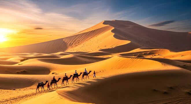 Cinematic Sunset Panorama of Thar Desert with Camel Caravan