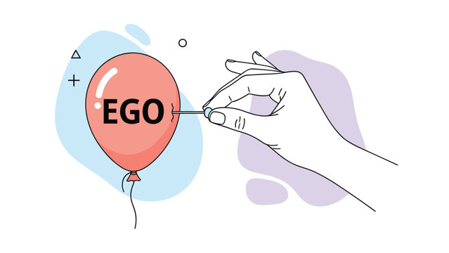 Human hand using a sharp pin to pop a red balloon with the word ego written on it to symbolize humility and personal growth.
