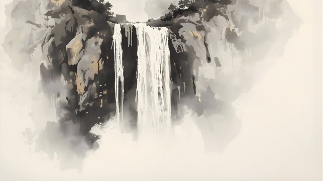 勢いよく流れ落ちる滝の墨絵風景