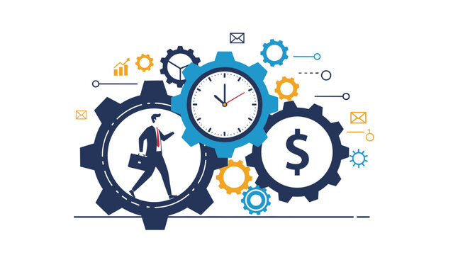 Professional businessman walking inside large gear system with clock and dollar sign representing time management and productivity.