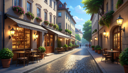 Fototapeta premium People enjoy outdoor dining on a quaint European street with cafes and lamps