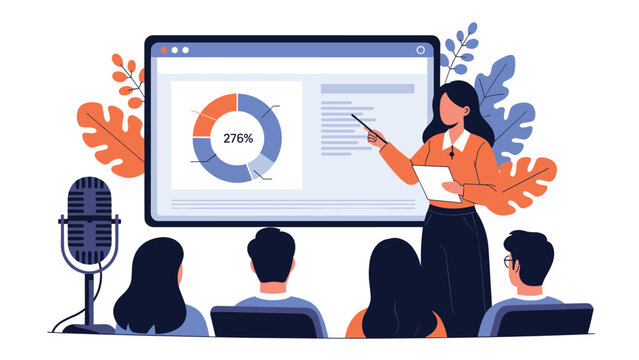 Professional woman delivering presentation with data charts on large screen to audience in conference room or webinar.