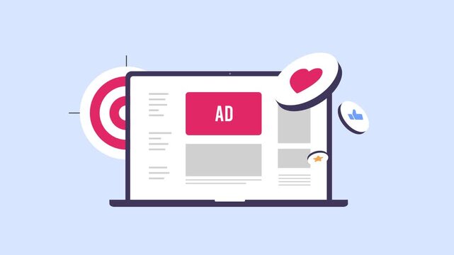 Native Advertising Animation. Programmatic ads appear smoothly in content with real time bidding. Sequential build demonstrates targeted ad integration. Loopable motion graphics digital marketing clip