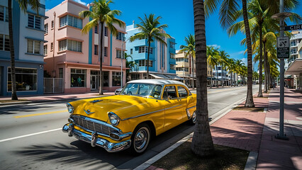 Naklejka premium Vintage Yellow Car on Ocean Drive Miami Art Deco Street