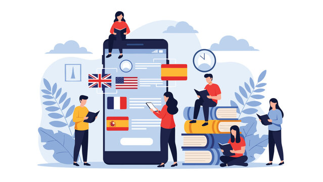 Diverse group of people using a large mobile phone to learn different foreign languages through an interactive application.