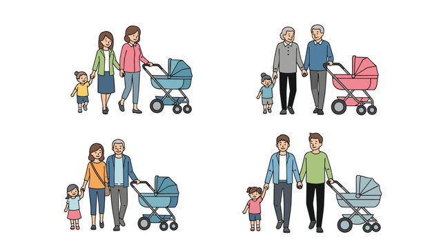 Set of diverse parent groups including elderly and same-sex couples walking their toddlers and pushing baby strollers outdoors.