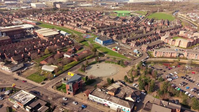 Passing overhead 4K 60FPS aerial video of C.S. Lewis Square on the Newtownards Road in East Belfast, Northern Ireland in the UK. Produced in 3840x2160 ratio and with Rec709 color.