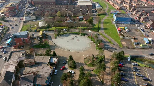 Rotating 4K 60FPS aerial video of C.S. Lewis Square on the Newtownards Road in East Belfast, Northern Ireland in the UK. Produced in 3840x2160 ratio and with Rec709 color.