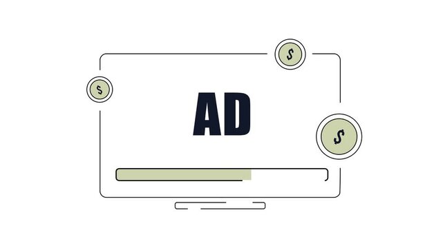 Video Advertising Monetization Animation. Dollar coins appear with progress bar showing programmatic CTV ad revenue growth. Video advertising monetization seamless loopable 2D motion graphics clip