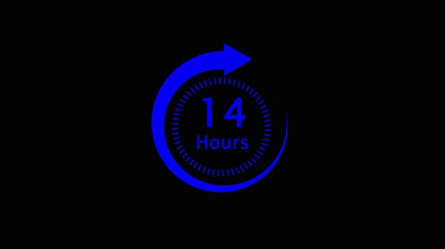 Blue timer icon with 14 hours on black background  circular arrow and clock face design
