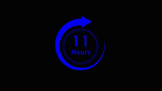 Blue timer icon with eleven hours and circular arrow on black background  time counter symbol