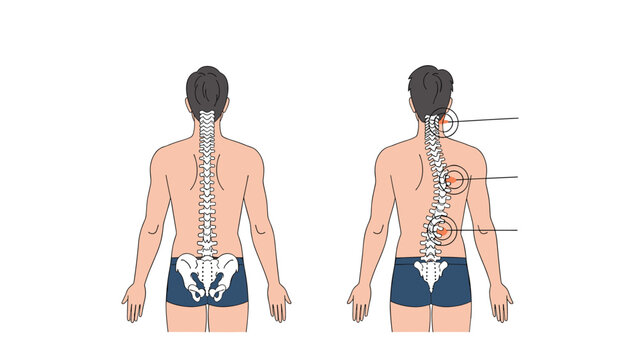 Medical diagram compares a healthy human spine against a spine with scoliosis and highlighted pain points for diagnosis.