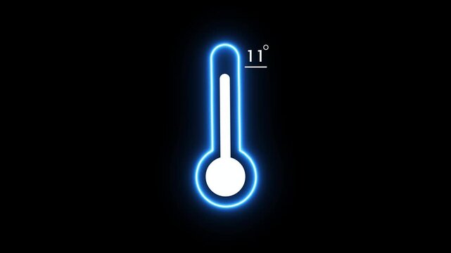 Glowing blue thermometer icon with eleven degrees temperature reading on dark background  weather temperature symbol