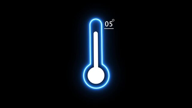 Neon blue thermometer icon with five degree temperature reading on black background  digital graphic element