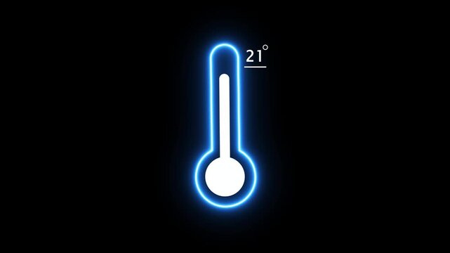 Neon blue thermometer with twenty one degree temperature on black background