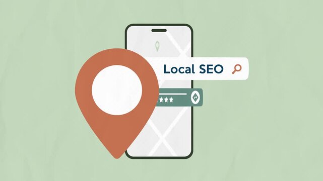 Local SEO Animation Light UI. Location pin and smartphone show search results with star ratings. Local seo business listing optimization, nearby places results. Seamless motion graphics loopable clip