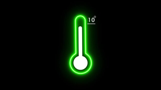 Neon green thermometer icon with ten degree temperature reading on dark background