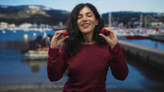 Woman holding strawberries with hands near face on a street by a harbor and boats at the pier; joy carefree playful.