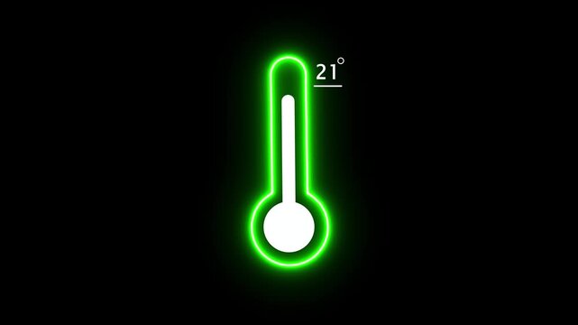 Neon green thermometer icon with twenty one degree temperature reading on dark background  temperature display