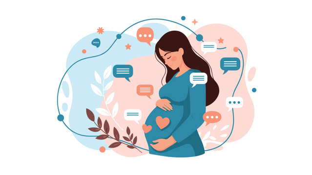 Pregnant woman gently touches her stomach surrounded by speech bubbles and heart symbols, representing maternal health and parental love.