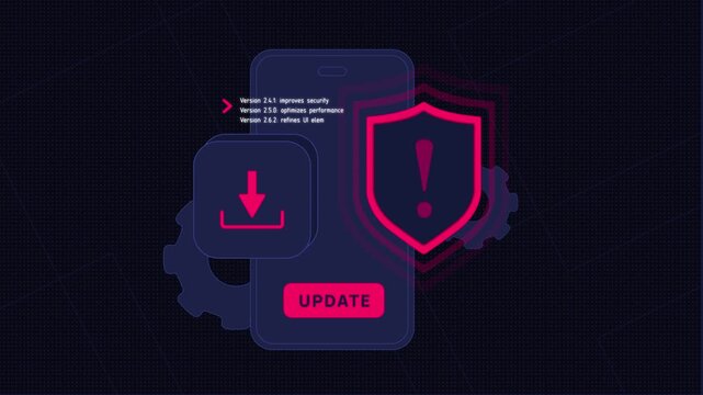 Mobile App Security Update Animation. Warning shield and download critical update installation button. Mobile app bug fix and secure protection from out-of-date app. Seamless 2D motion graphics