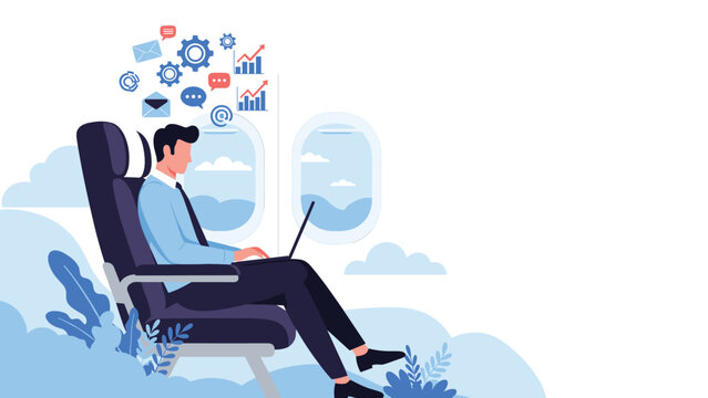 Professional businessman works on a laptop computer while flying in an airplane, illustrating remote work flexibility and business travel.