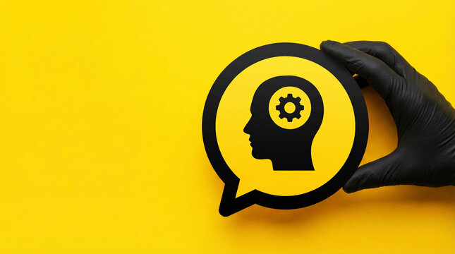 Human Mind Process Concept with Gear Inside Head Speech Bubble on Yellow Background