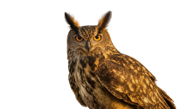 Majestic horned owl with striking ear tufts and piercing amber eyes looking directly ahead