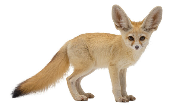 Cute desert fennec fox with big ears standing and looking alert on a clean backdrop