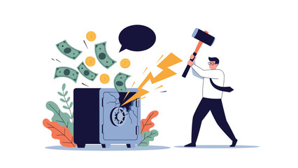 Fototapeta premium Businessman using a large hammer to break open a safe and release a cloud of money and gold coins for emergency funds.