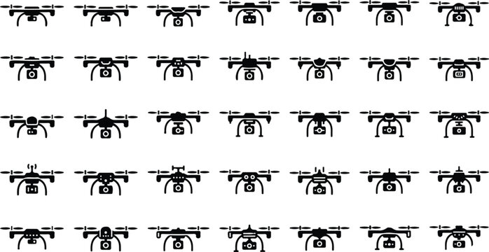Isometric drone vector set with aerial unmanned multicopter vehicles, remote control surveillance technology and wireless robotic helicopter illustration