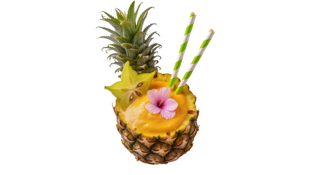 Sweet pineapple fruit smoothie drink garnished with starfruit slice and hibiscus flower