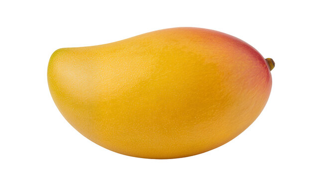 Ripe yellow mango fruit with vibrant orange blush and smooth skin, isolated on transparent background for tropical food advertising