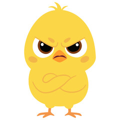 Obraz premium A cute, mischievous yellow chick stands with its arms crossed over its chest. A flat vector illustration in a simple, childlike style. Vector illustration