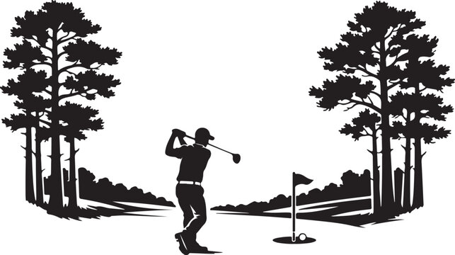 silhouette of Augusta pines trees framing fairway golfer 