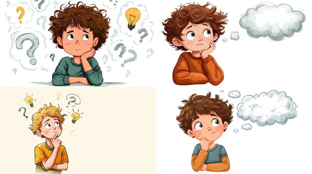Cartoon vector illustration of a child thinking expressions