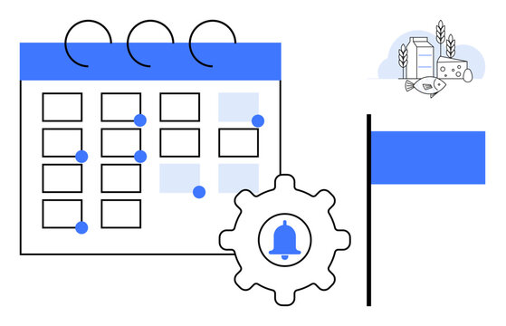 Scheduling, productivity tools, event planning, digital notifications, task organization, system management. A calendar, gear with bell icon and flag icon with wheat and dairy outline. Scheduling