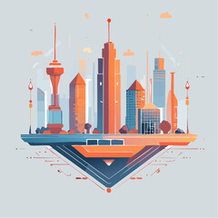 Naklejka premium Vibrant Futuristic Cityscape Illustration with Modern Architecture and Digital Elements for Urban Innovation