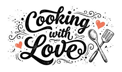 Custom blinds with your photo Cooking with love lettering phrase with kitchen utensil sketch