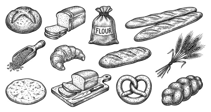 Bakery bread and flour set in vintage engraving style