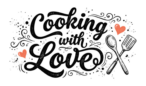 Cooking with love lettering phrase with kitchen utensil sketch