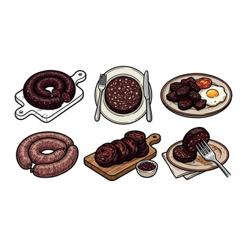 Black Pudding  Slices Cartoon Food Vector Illustration Traditional Black Pudding Sausage Cut Pieces Cartoon Food Vector Collection British Black Pudding 