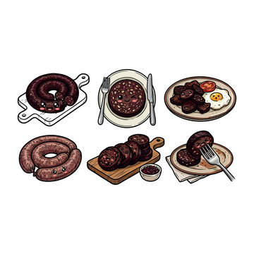 Black Pudding  Slices Cartoon Food Vector Illustration Traditional Black Pudding Sausage Cut Pieces Cartoon Food Vector Collection British Black Pudding 