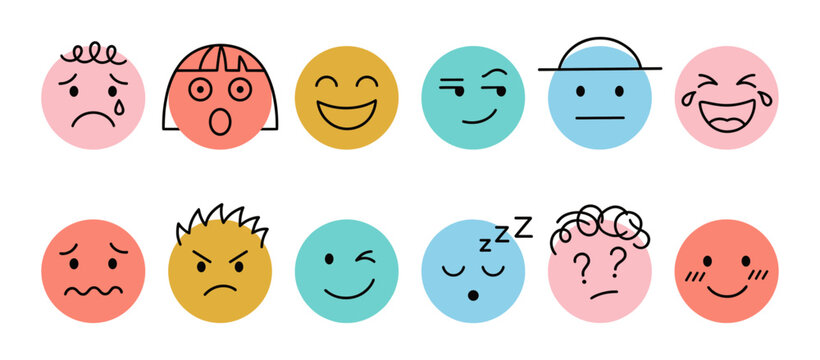 Emoji doodle icon set with funny facial expression and emotion