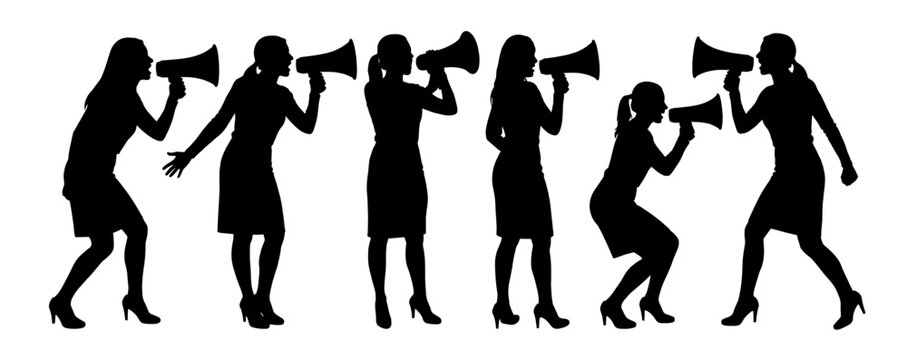 Business woman shouting in megaphone and bullhorn silhouette set