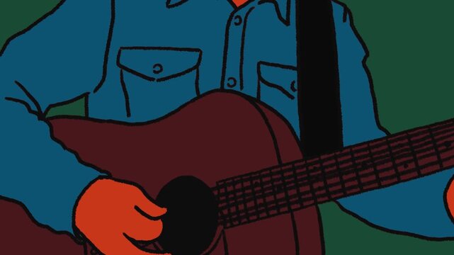 animation of accoustic guitar strumming with cartoon style. close up view to hand and guitar. loop mode