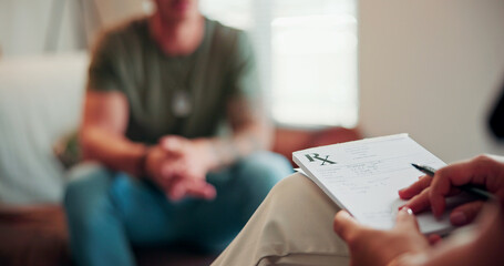 Naklejka na ściany i meble Prescription pad, session and hands of psychologist in office for therapy with mental health assessment. Counseling, medical service and psychiatrist with notebook for patient medication with support